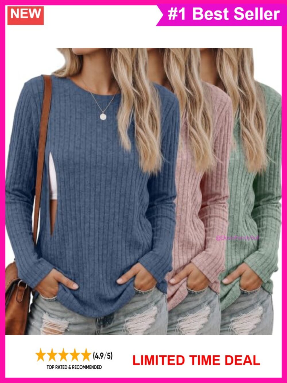 3 Pack Maternity Nursing Long Sleeve Ribbed Tops Zip Breastfeeding Tees